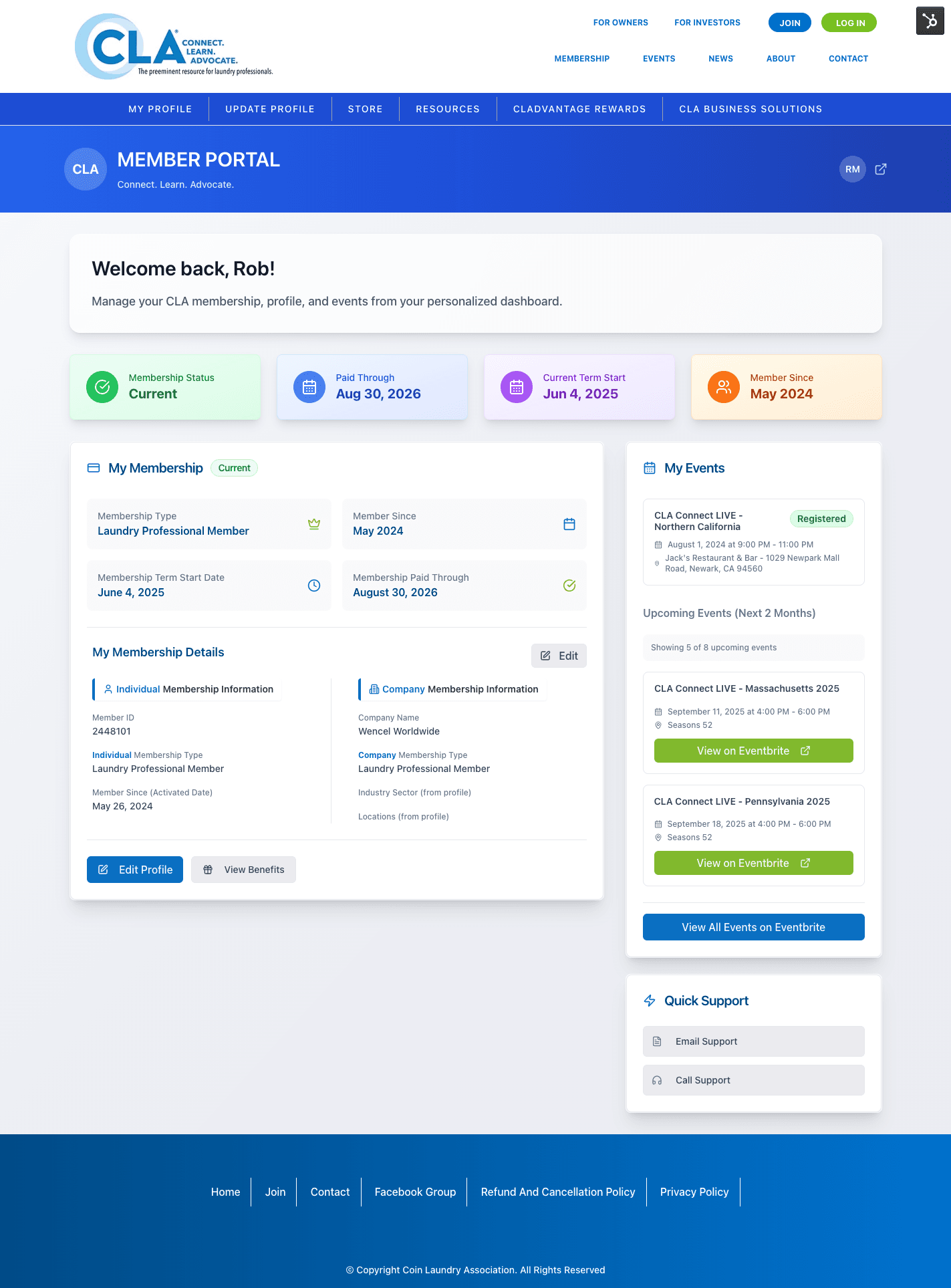 CLA Member Portal - Main Dashboard